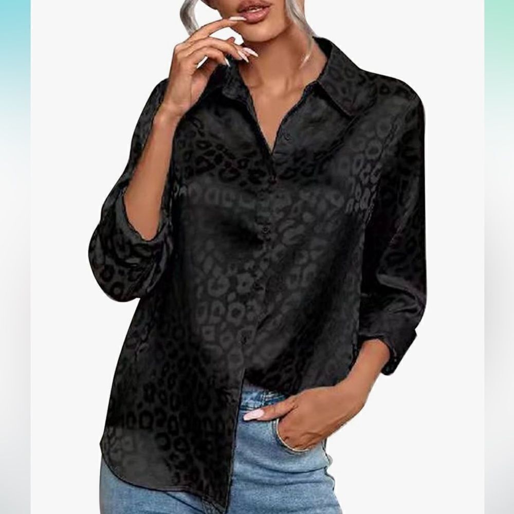 Women's Black Satin Leopard Print Summer Long Sleeve Button Down Blouse Tops